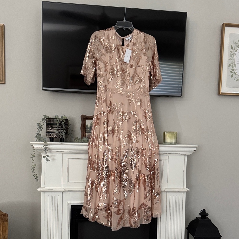 Baltic Born Lucy Nude Blush Midi Dress with Gold Sequin Floral
